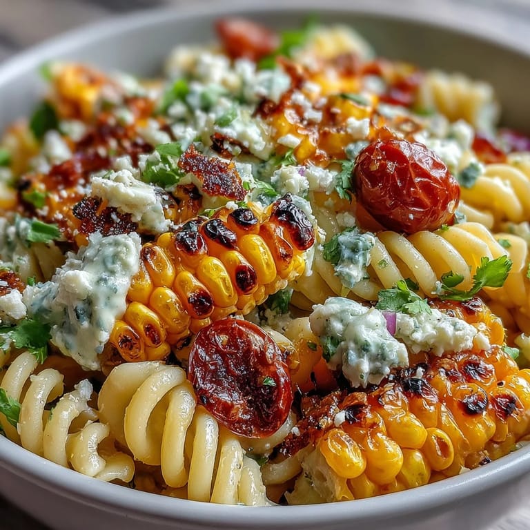Farbenfroher Pasta-Salat mit mexikanischem Straßenmais, frischer Koriander und einer würzigen Limetten-Sauerrahm-Sauce.
