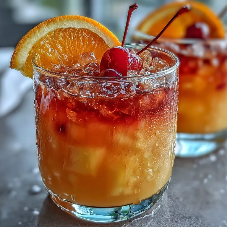 Zwei hohe Gläser gefüllt mit Eis, übereinander geschichtet mit Orangensaft, Ananassaft und einem tiefroten Granatapfelsirup-Abschluss.