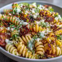 Eine cremige mexikanische Street Corn Pasta-Salat-Schüssel mit geröstetem Mais, Limettendressing und Cotija-Käse.